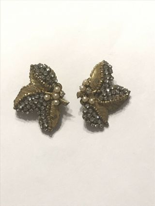 Rare Vintage Signed MIRIAM HASKELL Rhinestone Seed Bead Gold Leaf Clip Earrings 2