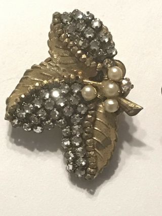 Rare Vintage Signed MIRIAM HASKELL Rhinestone Seed Bead Gold Leaf Clip Earrings 3