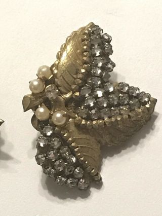 Rare Vintage Signed MIRIAM HASKELL Rhinestone Seed Bead Gold Leaf Clip Earrings 5