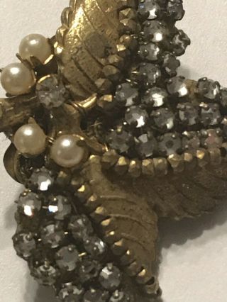 Rare Vintage Signed MIRIAM HASKELL Rhinestone Seed Bead Gold Leaf Clip Earrings 6