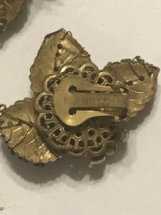 Rare Vintage Signed MIRIAM HASKELL Rhinestone Seed Bead Gold Leaf Clip Earrings 7