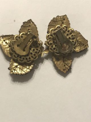 Rare Vintage Signed MIRIAM HASKELL Rhinestone Seed Bead Gold Leaf Clip Earrings 8