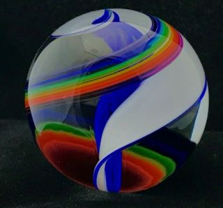 Steven Maslach Rare Giant Handmade Glass Marble 1.  779 " Royal,  Rainbow,  White
