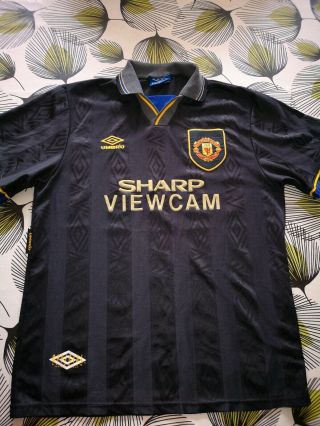 Rare Umbro Black Manchester United Away Football Shirt L 93 - 95 Sharp Viewcam