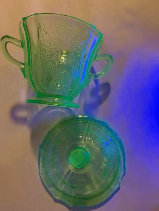 Rare Vintage Green Parrot Or Sylvan Depression Glass Sugar Bowl With Lid