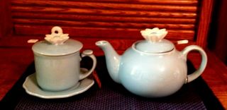 Rare Vintage Andrea By Sadek Teapot Set,  Blue,  Flower Atop,  Strainer,  Cup,  Lid,