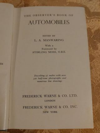 1961 Observer ' s Book of Automobiles Rare Antique Cars Frederick Warne 2