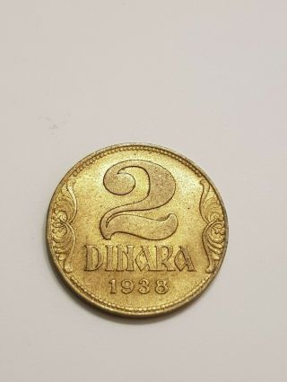 Kingdom Of Yugoslavia 2 Dinars 1938 Rare Variant " Small Crown "