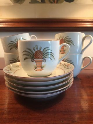 Set Of Five (5) Monticello Pineapple Cups And Saucers Discontinued Pattern Rare