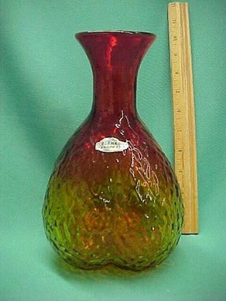 Rare Vintage Blenko Amberina Vase W/textured Finish And Silver Foil Label