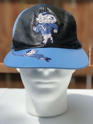 Vtg 90’s Rare North Carolina Tar Heels Leather All Over Stitched Cap Hat