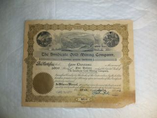 Rare 1902 Stock Certificate The Syndicate Gold Mining Company Colorado / Co