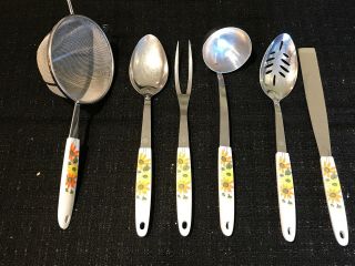 Set Of 6 Rare Vtg Mcm Floral Ecko Kitchen Utensils Strainer Spoons Fork Ladle