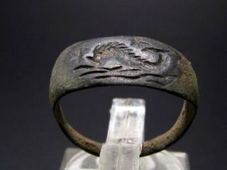Very Rare Roman Intaglio Seal Bronze Ring,  Dolphin Image,  Top Quality,