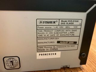 RARE Fisher DVD - S1500 DVD & CD Player w/ Remote Controller 7