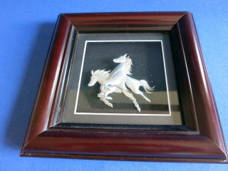 C1985 Home Wall Shelf Rare Decor Shadow Box Framed Silver Figurine Horses 6.  6 "