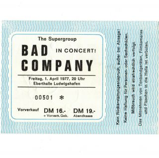 Bad Company Concert Ticket Stub Ludwigshafen Germany 4/1/77 Burnin Sky Tour Rare