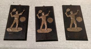 3 Vintage Rare 1927 Tennis Hanging Plaque Trophy Wood Brass/bronze