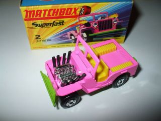 Matchbox Lesney Superfast 2 Hot Rod Jeep Pink Very Rare Yellow Interior Mib
