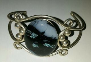 Vintage Sterling Silver Cuff Bracelet Hand Made Designer Crafted Art Glass Rare