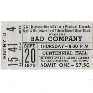 Bad Company & Carillo Concert Ticket Stub Toledo 9/20/79 Desolation Angels Rare