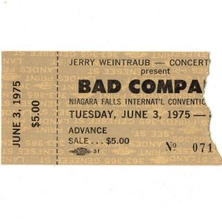 Bad Company Concert Ticket Stub Niagara Falls Ny 6/3/75 Straight Shooter Rare