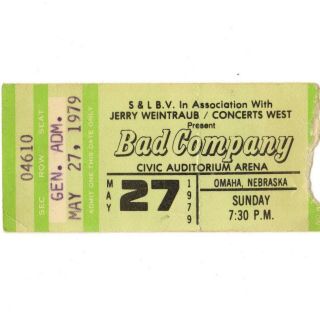 Bad Company & Carillo Concert Ticket Stub Omaha 5/27/79 Desolation Angels Rare