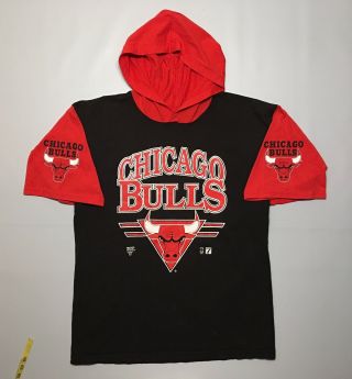 Vtg Logo 7 Chicago Bulls Xl Short Sleeve Pullover Hoodie Red Black Nba Rare