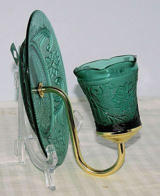 RARE Indiana Tiara Glass Spruce Green Sandwich Votive Candle Holder Wall Sconce 2