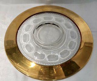 Tiffin Lg Serving Dish Clear Gold Rimmed Thumbprint Kings Crown Vtg Rare