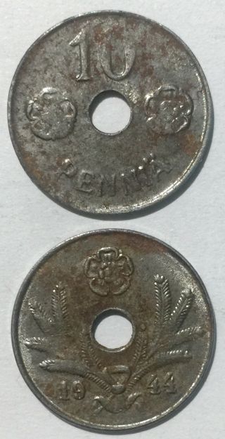 Rare Finland 10 Pennia 1944 16mm Iron Coin Km34.  1