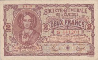 2 Francs Very Fine Banknote From German Occupied Belgium 1915 Pick - 87 Very Rare