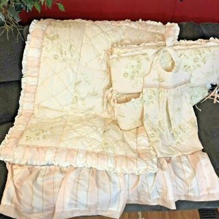 Lambs & Ivy Pink And Cream Bird Floral Crib Bedding 4 Piece Set Extremely Rare