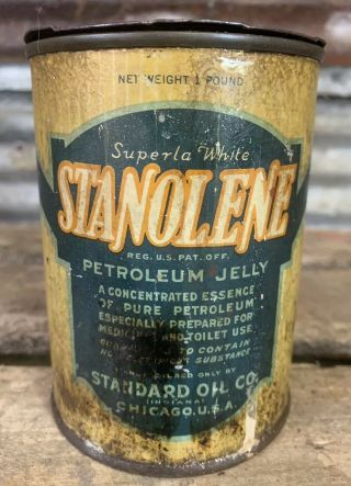 Vtg 20s 30s Stanolene Petroleum Jelly 1 Lb Metal Grease Can Standard Oil Co Rare