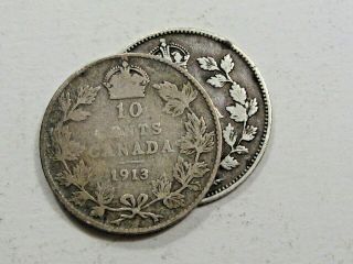 Rare 1913 Broad Leaf Canada 10 Cents Silver Dime & 1913 Narrow Leaf Side - By - Side
