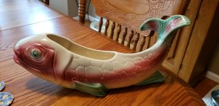 Rare Vintage Unsigned Mccoy Pottery Large Pink/green Fish Planter - Tail Up