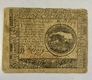 Very Rare Philadelphia 1775 Four Dollar Colonial Bill