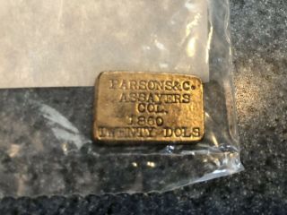 1860 Parsons & Co.  Colorado Assayers $20 Gold Ingot Rare Bar Carat In Pkg