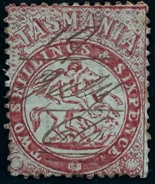 Rare 1863 - Tasmania Australia 2/6 - Carmine St George&dragon Stamp Perf 12.  5