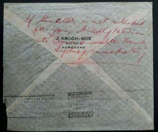 RARE 1941 Hong Kong Airmail Cover ties 2 stamps canc Victoria to Australia 2