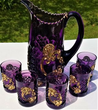 Croesus,  Amethyst,  Footed Water Pitcher Set,  5 Tumblers,  Rare