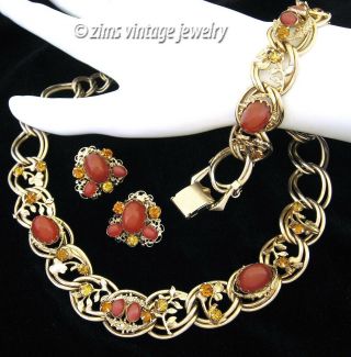 Rare Kafin Carnelian Glass Rhinestone Gold Link Necklace Bracelet Earring Set