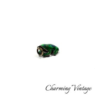 Rare Antique Sterling Silver Enamel Guilloche Green Figural Frog Charm