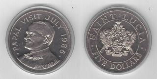 Saint Lucia Rare 5$ Unc Coin 1986 Year Km 14 John Paul Ii Visit July
