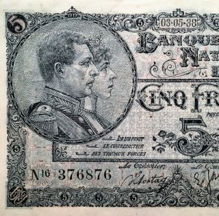 Rare Error Note - 1938 Belgium 5 Francs Banknote,  Error Date (19) 88,  Pick 108x