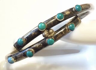 Rare Vintage Signed Sterling Silver Turquoise Rhc Taxco Mexico Hinged Bracelet