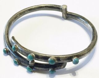 Rare Vintage Signed Sterling Silver Turquoise RHC TAXCO Mexico Hinged Bracelet 5