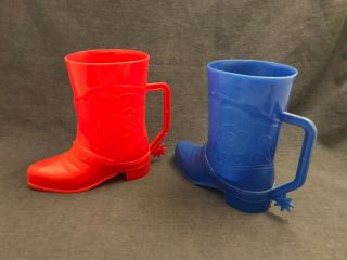 Vintage 1950s Red & Blue Plastic Cowboy Boot Mug Cups W Spur 4 3/4 " Rare Set