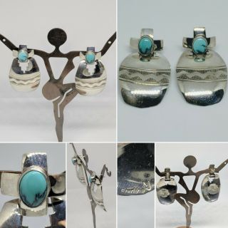 Rare Vintage Mj Signed Sterling Silver Navajo Native Turquoise 1 3/4 " Earrings