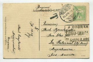 Hungary To Argentina Old Post Card Rare Destination With Tax 27313